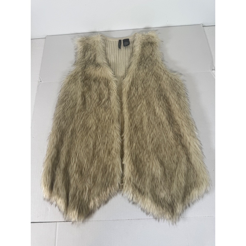 New Directions Women's Beige Knit‎ Faux Fur Trim Open Front Vest Large - Picture 3 of 9